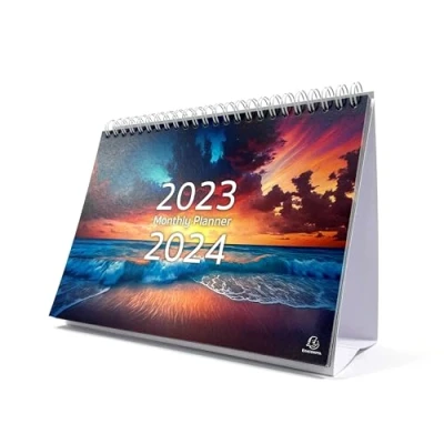 Abbildung von Exacompta Ref GS047Z September 2023 Oktober 2024 Tischkalender/Monatsplaner Sonnenuntergang Design, Monat pro Seite, inklusive Feiertagen in Großbritannien, 210 mm x 150 mm, steht sicher auf einem