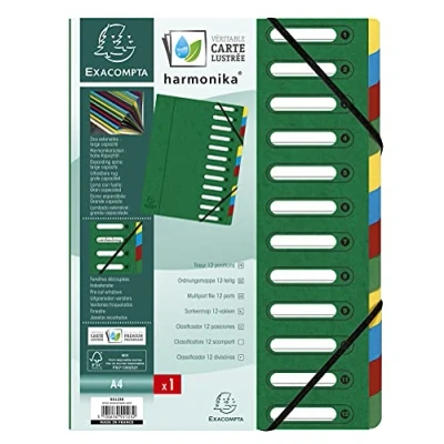 Abbildung von Exacompta 55123E Premium Ordnungsmappe Harmonika. Aus extra starkem Colorspan Karton DIN A4 12 Fächer und 2 Gummizüge mit Indexfenster dehnbarem Rücken Register Mappe grün
