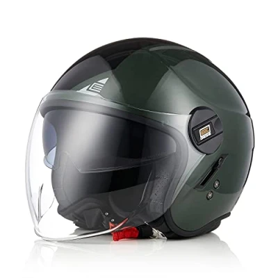 Abbildung von ORIGINE Motorradhelm Jethelm Roller Helm Scooter Chopper Moped Mofa mit Doppelvisier ECE Zertifizierung (Next Black Army Green,XS)