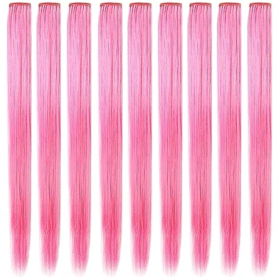 Abbildung von ZHAOWWEI 9 Stück Prinzessin Bunte Extensions Multi Colors Party Highlights Streifen Synthetische Haarteile Clip In/Clip On Farbige Haarverlängerungen(Rosa)