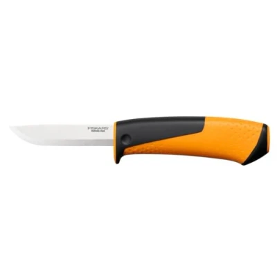 Abbildung von Fiskars Universalmesser inklusive Holster mit integriertem Messerschärfer, Gesamtlänge: 21,5 cm, Schwarz/Orange, 1023618