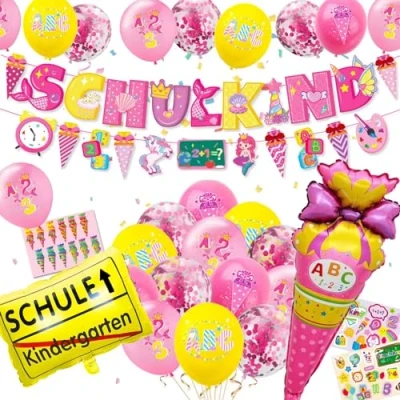 Abbildung von Einschulung Deko Mädchen 2024 Schulkind Banner Rose Luftballons Schulanfang set(Schulkind Rosa)