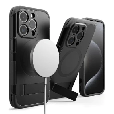 Abbildung von Ringke Alles Magnetic Case Kompatibel mit iPhone 15 Pro Hülle MagSafe [Kameraschutz und Faltbarer Ständer] Verbesserte Griffigkeit Magnetische Handyhülle Black
