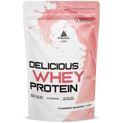 Abbildung von PEAK Delicious Whey Protein 900g Geschmack Strawberry Milkshake I 30 Portionen Pulver Proteinquelle: Molkenprotein Konzentrat + Isolat ohne Zuckerzusatz mit Verdauungsenzym Laktase