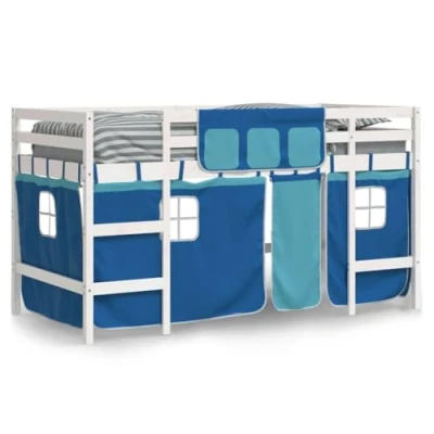 Abbildung von vidaXL Kinderhochbett, Hochbett mit Leiter Vorhängen, Spielbett Bett für Kinder ab 6 Jahren, Kinderbett Etagenbett Stockbett, Blau 90x200cm Massivholz Kiefer