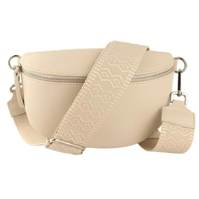 Abbildung von MIRROSI Bauchtasche Damen, Echtleder, Made in Italy, Umhängetasche, Brusttasche, (Schultertasche für jeden Anlass (1 Tasche &amp; 2 Gurte), Crossbody Bag, Beige, gemusterten&amp; verstellbaren Schulterriemen