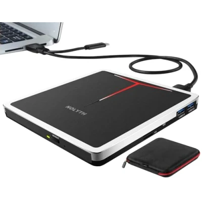 Abbildung von NOLYTH Externes DVD Laufwerk, CD Laufwerk Extern USB für Laptop, Brenner Externe Optische Laufwerke mit SD TF 2 Ports, Tragbar Play Laufkwerk Mac PC MacBook Windows