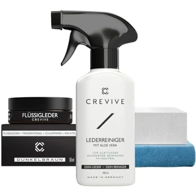 Abbildung von CREVIVE Flüssigleder Dunkelbraun 50 ml &amp; Lederreiniger 250 Leder Reparatur Set Braun Kunstleder Reparaturset Lederreparaturset für Sofa, Couch, Lenkrad, Autositze