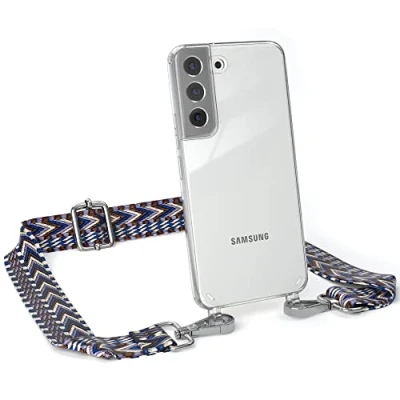 Abbildung von EAZY CASE Handykette Flexibler Trageriemen kompatibel mit Samsung Galaxy S22, Schultergurt zum Umhängen, Riemen, Band austauschen, Wechselgurt, Blau/Weiß Metall Silber