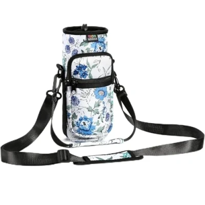 Abbildung von Nuovoware Flaschenhalter Trinkflasche Molle Beutel, 40oz Isolierte Neopren Kessel mit Verstellbar Schultergurt und Front Reißverschluss Tasche für Wandern Laufen Radfahren Jagd Reisen, Weiß/Blau