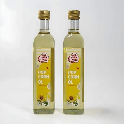 Abbildung von Popcorn Öl für Mais 2 x 500 ml Flaschen Hocherhitzbar Butter High Oleic Fett mit Butteraroma Buttergeschmack Oil Omega Hocherhitzbares Bratöl Popcornmaschine Zucker Salz Rapsöl Sonnenblumenöl
