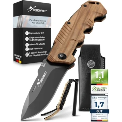 Abbildung von BERGKVIST® K10 Klappmesser (Zweihandmesser) scharfes Taschenmesser für Outdoor &amp; Survival mit Feuerstahl Tasche Mitführen in Deutschland erlaubt Griff aus Olivenholz