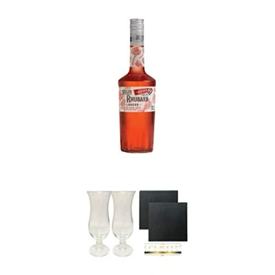 Abbildung von De Kuyper Sour Rhubarb Likör 0,7 Liter + Cocktailglas 2 Stück Schiefer Glasuntersetzer eckig ca. 9,5 cm Ø