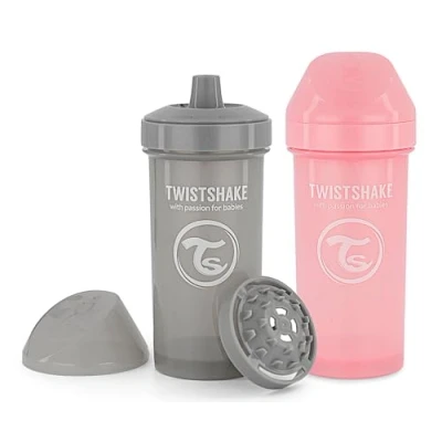 Abbildung von Twistshake 2x Auslaufsichere Baby Trinkflasche mit harter Tülle und Fruchtmixer 360ml Trainerflasche für Kinder &amp; Kleinkinder Wasserflasche BPA Frei Grau Rosa