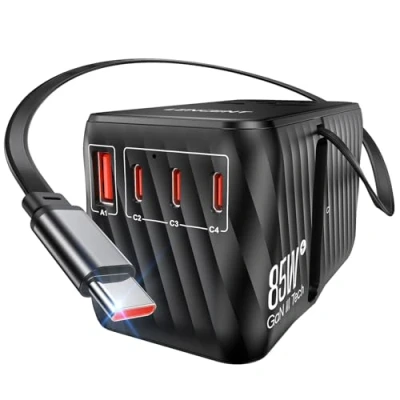 Abbildung von LENCENT Internationaler Reiseadapter, 85W GaN3 Universeller Steckeradapter mit 3 Typ C &amp; 1 USB A Schnellladeanschluss, Weltweites Ladegerät, All in One Reisestecker für EU/USA/UK/AU, Schwarz
