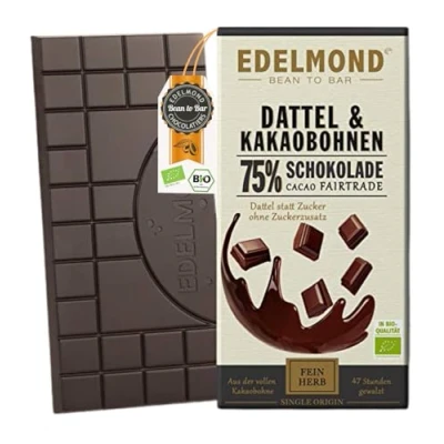 Abbildung von Edelmond Bio 75% Dattel Schokolade aus Kakaobohnen gewalzt. Süße durch Datteln, ohne weiteren Zuckerzusatz. Single Origin Kakao, Bio, Fair Trade. (75g, 1 Tafel)