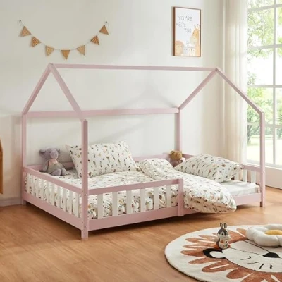 Abbildung von [en.casa] Kinderbett Hesel Hausbett Rosa 120 x 200 cm mit Rausfallschutz und Lattenrost Bodenbett Jugendbett Holzbett