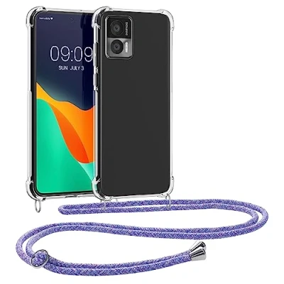 Abbildung von kwmobile Necklace Case kompatibel mit Motorola Edge 30 Neo Hülle Silikon Cover Handykette Band Handyhülle Lavendel Violett Hellblau Transparent
