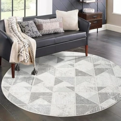 Abbildung von carpet city Teppich Wohnzimmer Grau 160 cm Rund Klassisch Modern Geometrisches Muster Teppiche Kurzflor Schlafzimmer, Esszimmer