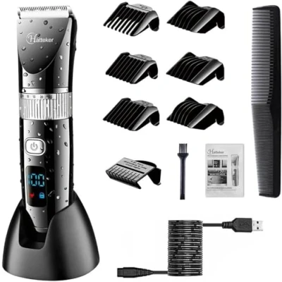 Abbildung von Hatteker Haarschneider Professioneller elektrischer Bartschneider mit LCD Display Drahtloser USB Akku Wasserdicht