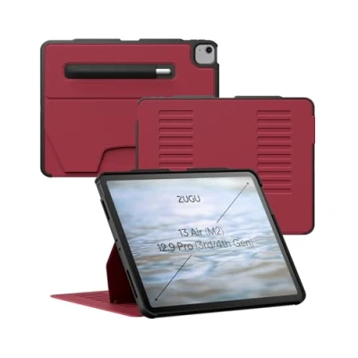 Abbildung von Zugu iPad Air Hülle 13 Zoll M2 2024 / Pro 12.9 (3rd/4th Gen), schlanke Schutzhülle 10 Winkel Ständer magnetisch, Aufladen Stiftes Auto Sleep/Wake Up [ Kirsche Rot ]