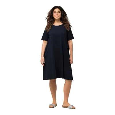 Abbildung von Ulla Popken Alijn Ronde HALS Korte Mouwen Zakken Jerseykleid, Damen, Größe: 54/56, Navy blue