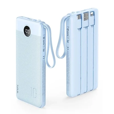 Abbildung von VRURC Powerbank 10000mAh mit Kabel, Power Bank Tragbares Ladegerät USB C Externer Handyakkus LED Display 5 Ausgängen 2 Eingänge Kompatibel iPhone/Huawei/Samsung Smartphone usw Blau