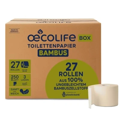 Abbildung von oecolife Toilettenpapier Box BAMBUS, 3 lagig, 27 Rollen á 250 Blatt, Großpackung, superweich, plastikfrei verpackt, veganes Produkt, nachhaltiges Klopapier