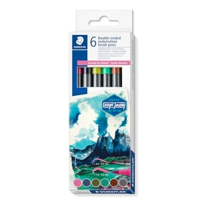 Abbildung von STAEDTLER Doppelfasermaler wasservermalbar, für Aquarell Effekte, zwei Linienbreiten, feine Spitze und breite Pinselspitze, Kartonetui mit 6 brillanten Farben, 3001 C6 4