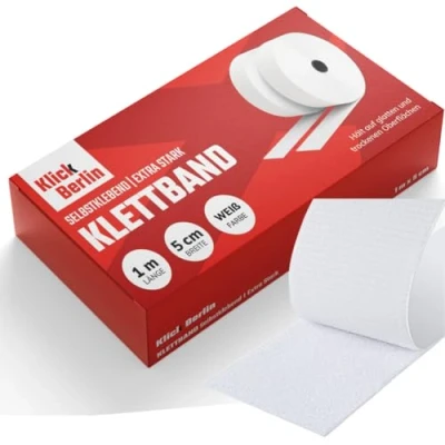 Abbildung von Klick Berlin Klettband Selbstklebend Extra Stark 5 cm x 1 m Klett klebt auf vielen Flächen Klettverschluss 50 mm breit, Meter lang Weiß