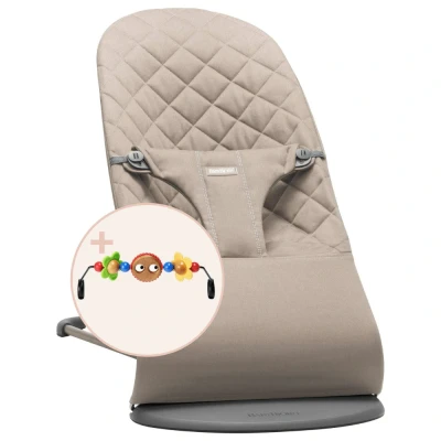 Abbildung von BabyBjörn Babywippe Bliss, Gewebt, Klassische Steppung, Sandgrau, inklusive Spielzeug, Fröhliche Augen
