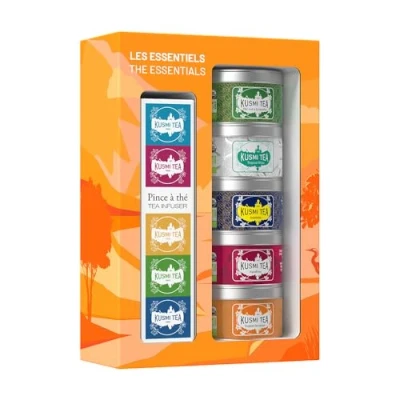 Abbildung von Kusmi Tea Geschenkset The Essentials Bio mit Teezange für Losen Tee Grüner Tee, Schwarzer Hibiskustee Auswahl von 5 Aromen Dosen zu 25g Idee Geburtstagsgeschenk Frauen und Männer