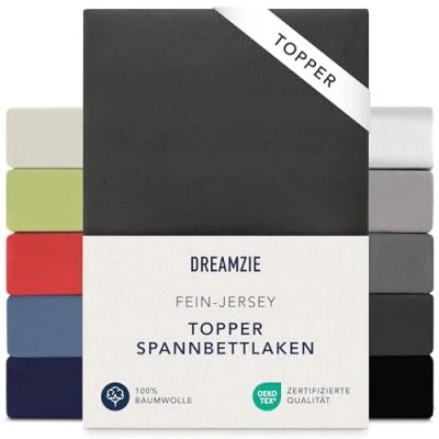 Abbildung von Dreamzie Premium Topper Spannbettlaken 140x200 cm 160x200 extra niedriger Seitenhöhe für Boxspringbett Topperauflage Spannbetttuch Jersey Baumwolle, 150 g/m² Oeko TEX Schwarz