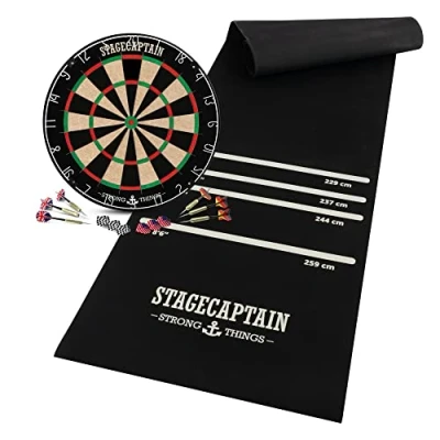 Abbildung von Stagecaptain Dartscheibe DBS 1715 BullsEye Pro, (Dartboard Set, 19 tlg., inkl. Dartmatte, 6 Dartpfeilen und 12 Flights), Steeldartscheibe aus Sisal mit dünnen Drähten