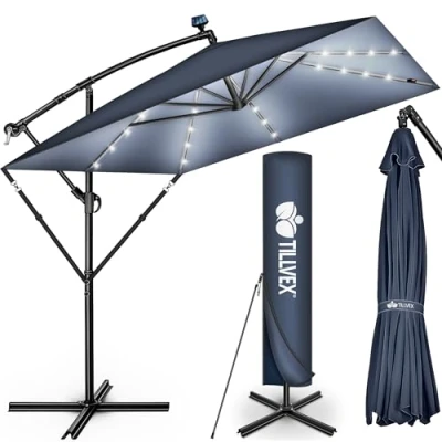Abbildung von tillvex® Alu Sonnenschirm Rechteckig Ø 330 cm mit LED Solar + Abdeckung Kurbel Ampelschirm Ständer &amp; Windschutz Gartenschirm UV Schutz, wasserdicht, 360 drehbar Kurbelschirm Marktschirm