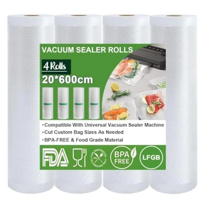 Abbildung von Omtofo Vakuumierbeutel 4 Rollen Vakuumierfolie, 20 x 600cm Vakuumbeutel Lebensmittel, BPA frei, reißfest, 150µm, Vakumierfolienrolle für alle Vakuumierer, Mikrowellen and Sous Vide