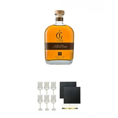 Abbildung von Marzadro Grappa GIARE Amarone 0,7 Liter + Gläser mit Eichstrich 2cl und 4cl 6 Stück Schiefer Glasuntersetzer eckig ca. 9,5 cm Ø 2