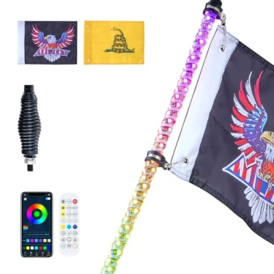 Abbildung von VEVOR 1 Stück 3 Fuß Peitschenlicht mit Federsockel, LED App &amp; Fernbedienung, Wasserdichte 360 Spiral RGB Peitsche Lauflicht 2 Flaggen, für UTVs, ATVs, Motorräder, RZR