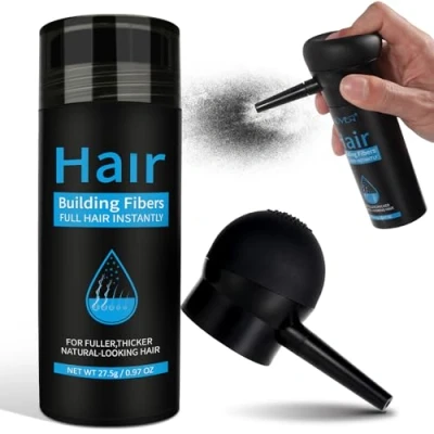 Abbildung von Streuhaar zur Haarverdichtung 27.5G Schütthaar Ansatzpuder Haar Concealer für Frauen und Männer, Wasserfestes Kaschiert Haarausfall Haarpuder (Schwarz mit Düse)