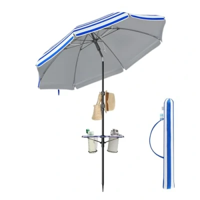 Abbildung von SONGMICS Sonnenschirm 160 cm, Strandschirm, Sonnenschutz UPF 50+, beidseitig um 30 knickbar, höhenverstellbar, Ablagefläche, Haken, für Strand, Garten, ohne Ständer, blau weiß GPU0080Q02