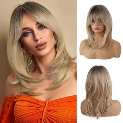 Abbildung von OUFEI 16 Zoll Lange Gerade Ombre Blonde Geschichtete Synthetische Haarperücken für Frauen Leicht Gebogene Haarspitzen mit Dunklen Wurzeln Den Täglichen Gebrauch Party