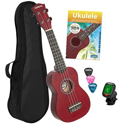 Abbildung von Cascha Ukulele Linde Rot, Bundle, komplett mit Tasche,Stimmgerät, 3 Plektren und Lernbuch