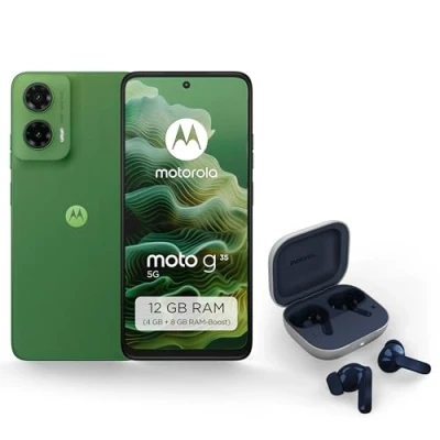 Abbildung von Motorola Moto g35 5G Smartphone (6,72&quot; FHD+ Display, 50 MP Kamera, 4/128 GB, 5000 mAh, Android 14) Leaf Green, inkl. Buds &amp; Schutzcover speziell bei Amazon