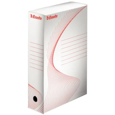 Abbildung von Esselte Standard Archiv Schachtel, 80 mm Rückenbreite, Aktenkarton A4, Aufbewahrungsbox für bis zu 600 Blätter, Archivbox mit geometrischem Design, Serie, 25 Stück, Weiß/Rot, 128080