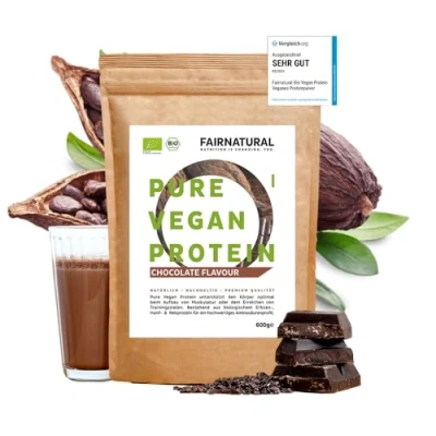 Abbildung von Fairnatural VEGAN Protein Pulver Bio Schoko, Veganes Proteinpulver ohne Soja &amp; Chemie [Regional aus Deutschland] 5K mit Reis , Hanf Erbsenprotein » Zum Backen Shake «600g Schokolade