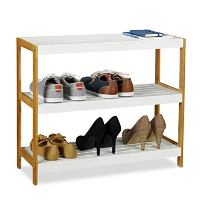 Abbildung von Relaxdays Ebenen, Flur, Schuhregal, 3 Ablagen, robuste Schuhaufbewahrung, Bambus &amp; MDF, Schuhablage HBT 58,5 x 70 26cm, weiß/Natur, Faserplatte, 58.5 26 cm