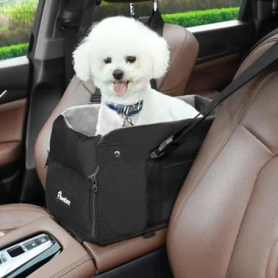 Abbildung von Pawaboo Hunde Autositz für kleine Hunde, Mittelkonsolen Hundesitzerhöhung, Verdicktes Hundeautositz mit Weichem Plüsch, Hundbett Befestigung und Sicherheitsleine, bis zu 15lbs, Schwarz/Grau