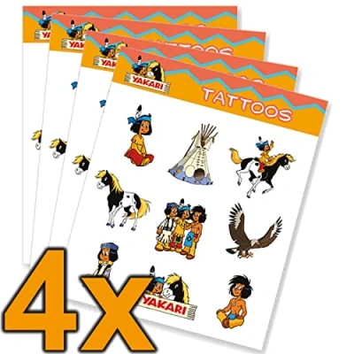 Abbildung von Tattoo Set * YAKARI als Mitgebsel, Geschenk oder zum Spielen 4 Bögen mit 36 Tattoos Indianer Indianerjunge Aufkleber Sticker Kinder Kindergeburtstag Geburtstag