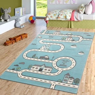 Abbildung von TT Home Kinderzimmer Kurzflor Teppich Spielmatte Straße Stadt Autos Spielteppich In Blau, Größe:120x170 cm