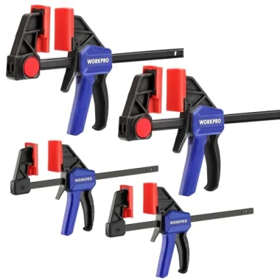 Abbildung von WORKPRO Einhandzwingen Set 4 Stück Schraubzwingen Spanner, Spannweite 120mm/150mm, Dehnbereich 200mm/285mm, Spannkraft 23kg/68kg, Stahl und Nylon für präzises Fixieren